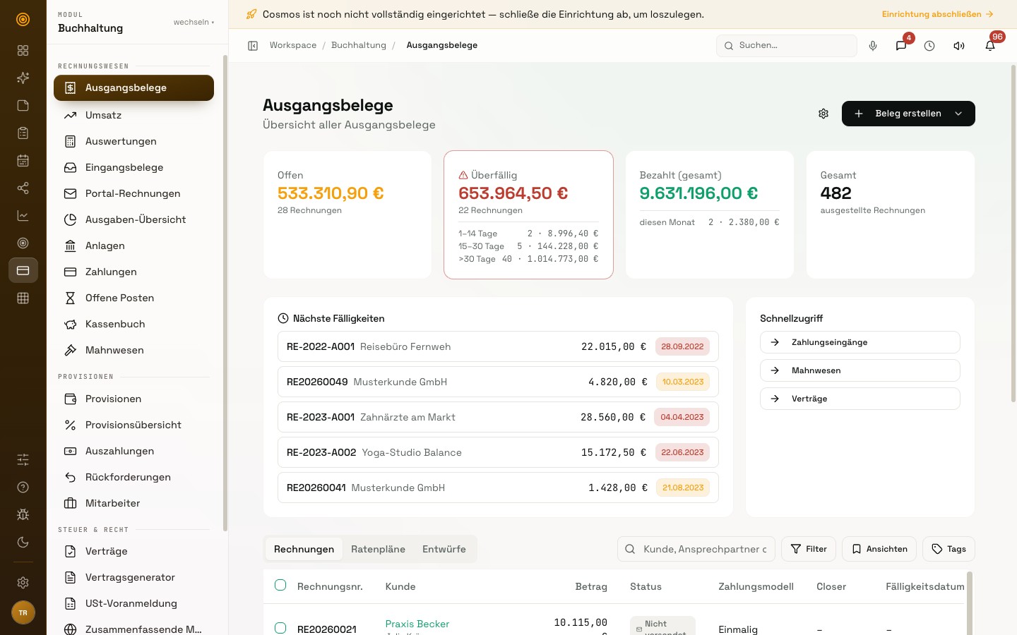 Übersicht der Ausgangsbelege in Cosmos mit offenen, überfälligen und bezahlten Beträgen