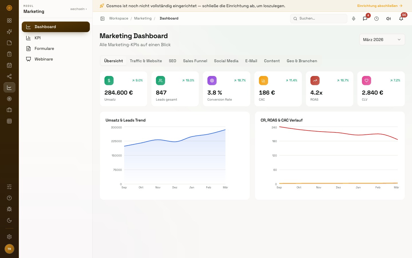 Marketing-Dashboard in Cosmos mit KPI-Kacheln und Trend-Diagrammen