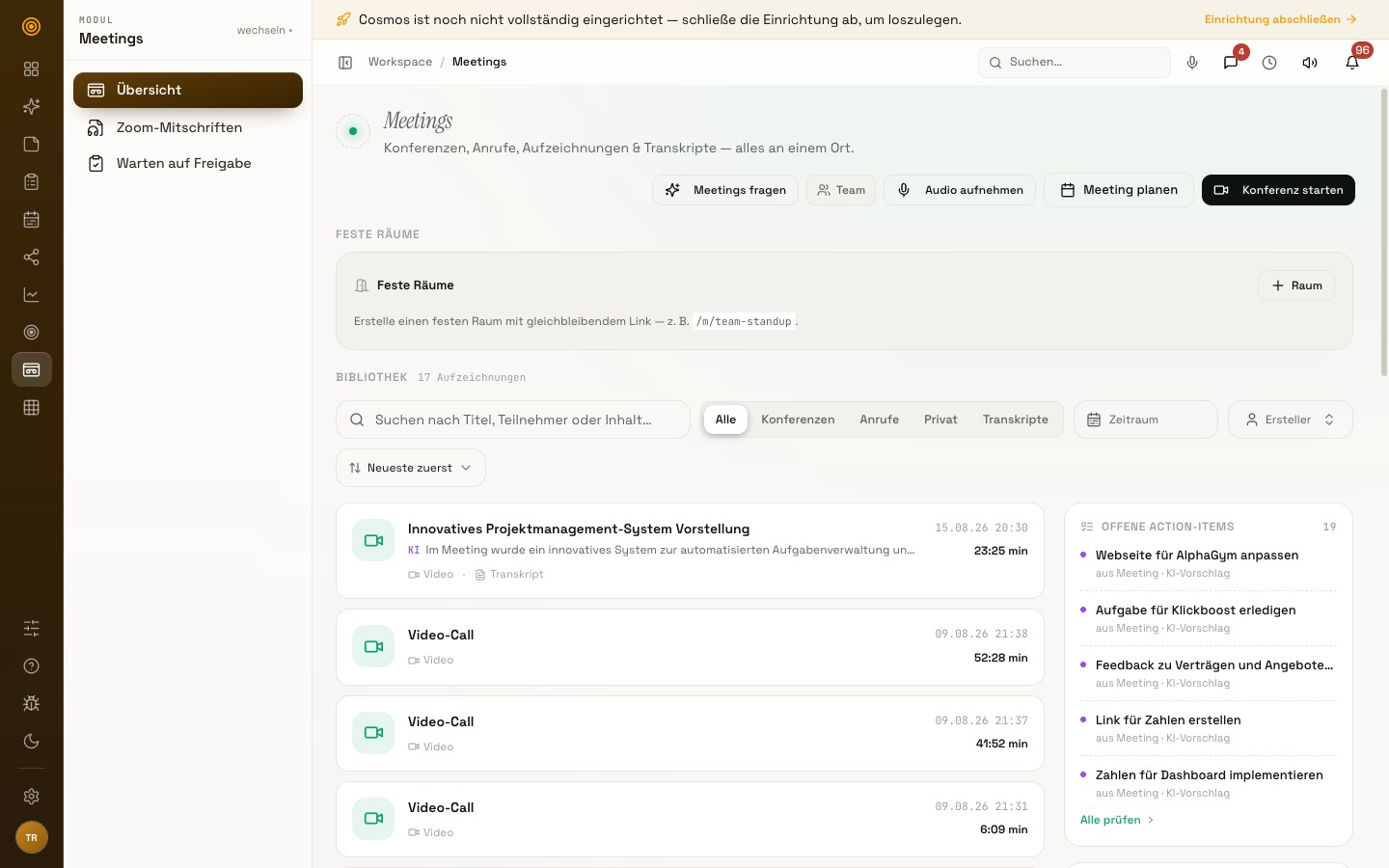 Meeting-Bibliothek in Cosmos mit Aufzeichnungen, Dauer und offenen Action-Items
